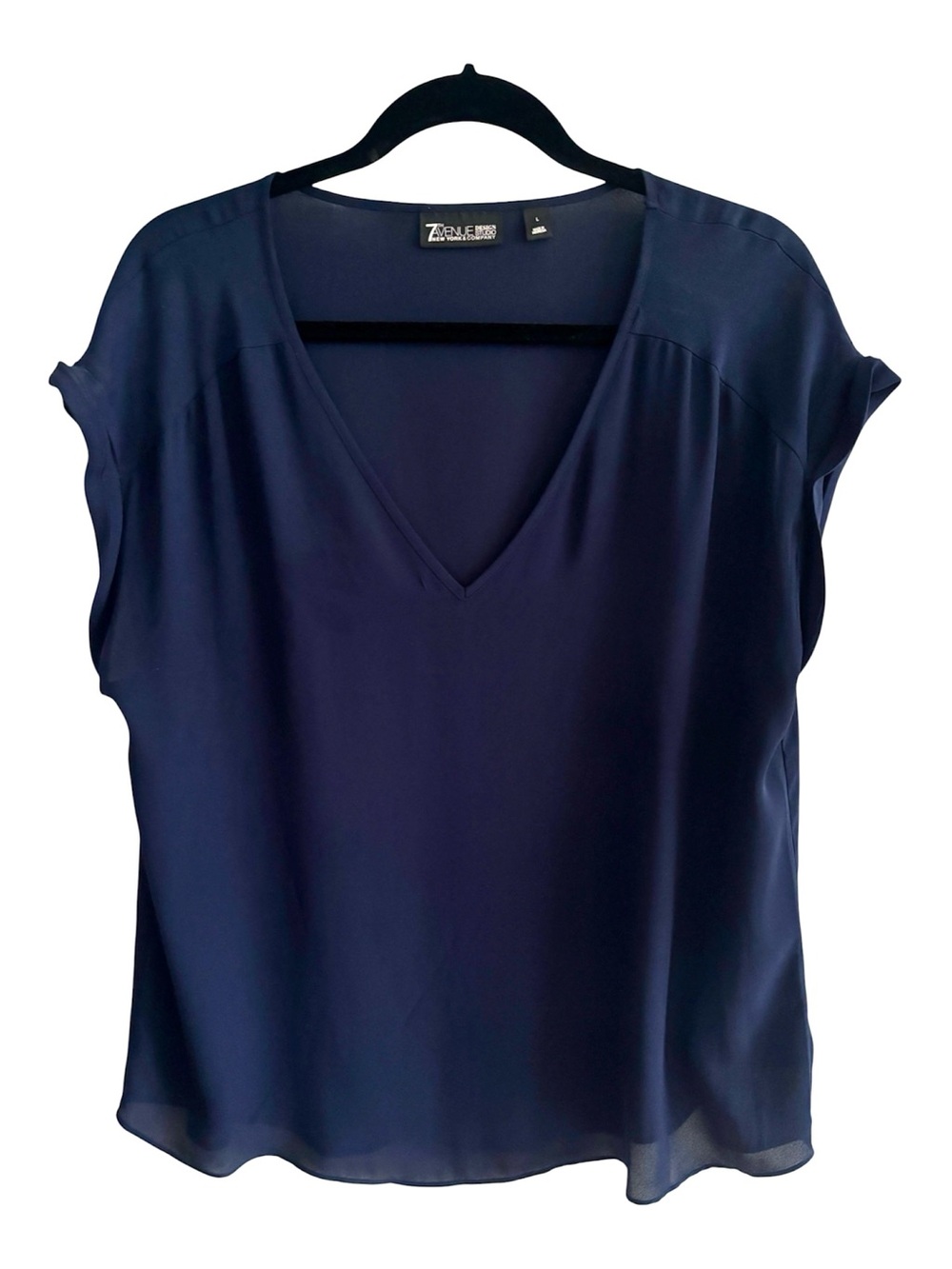New York & Company Navy V-Neck Cap Sleeve Blouse, Large, Excellent Condition